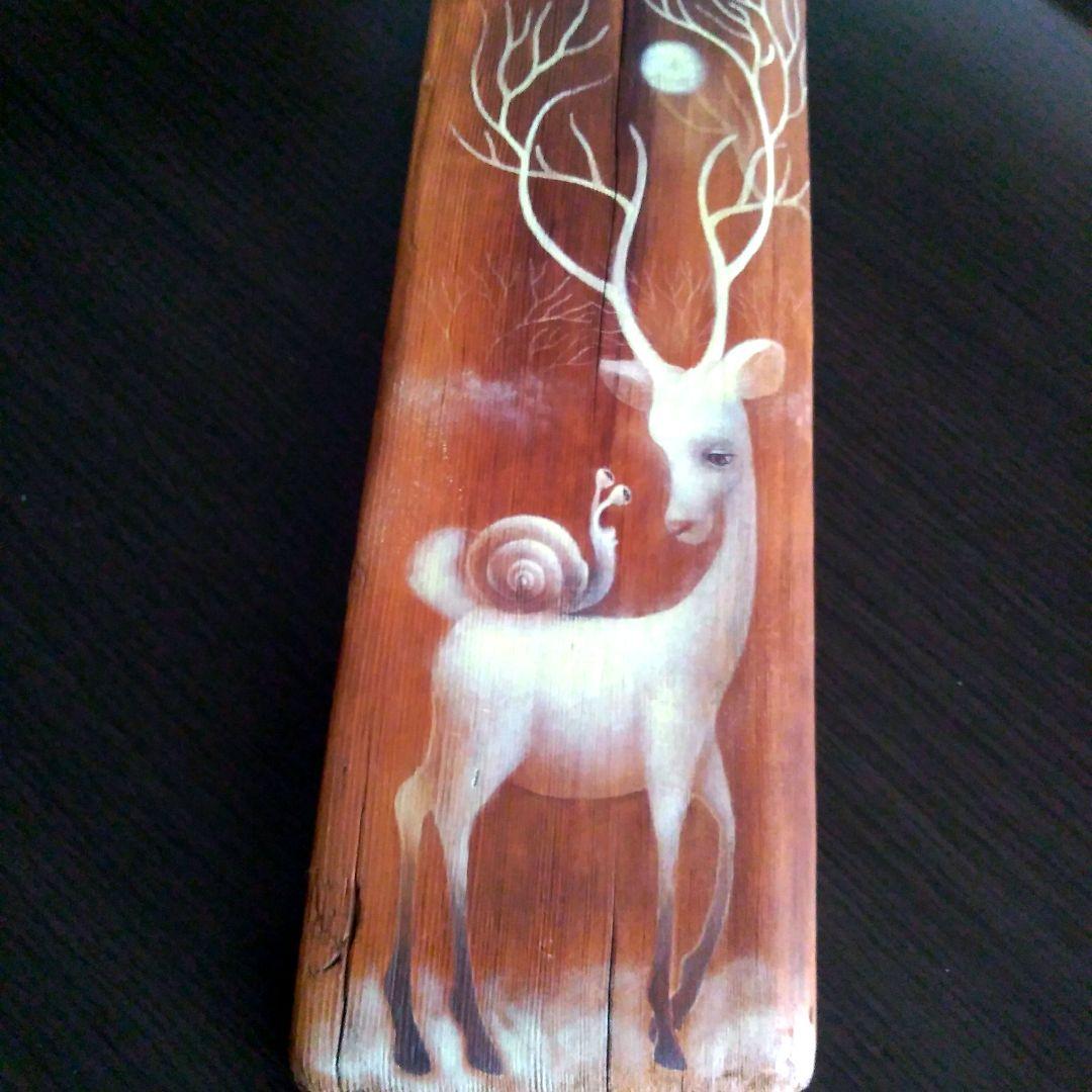 一時値下げプロ作家流木絵画アート工芸品不思議な鹿？カタツムリ蝸牛月