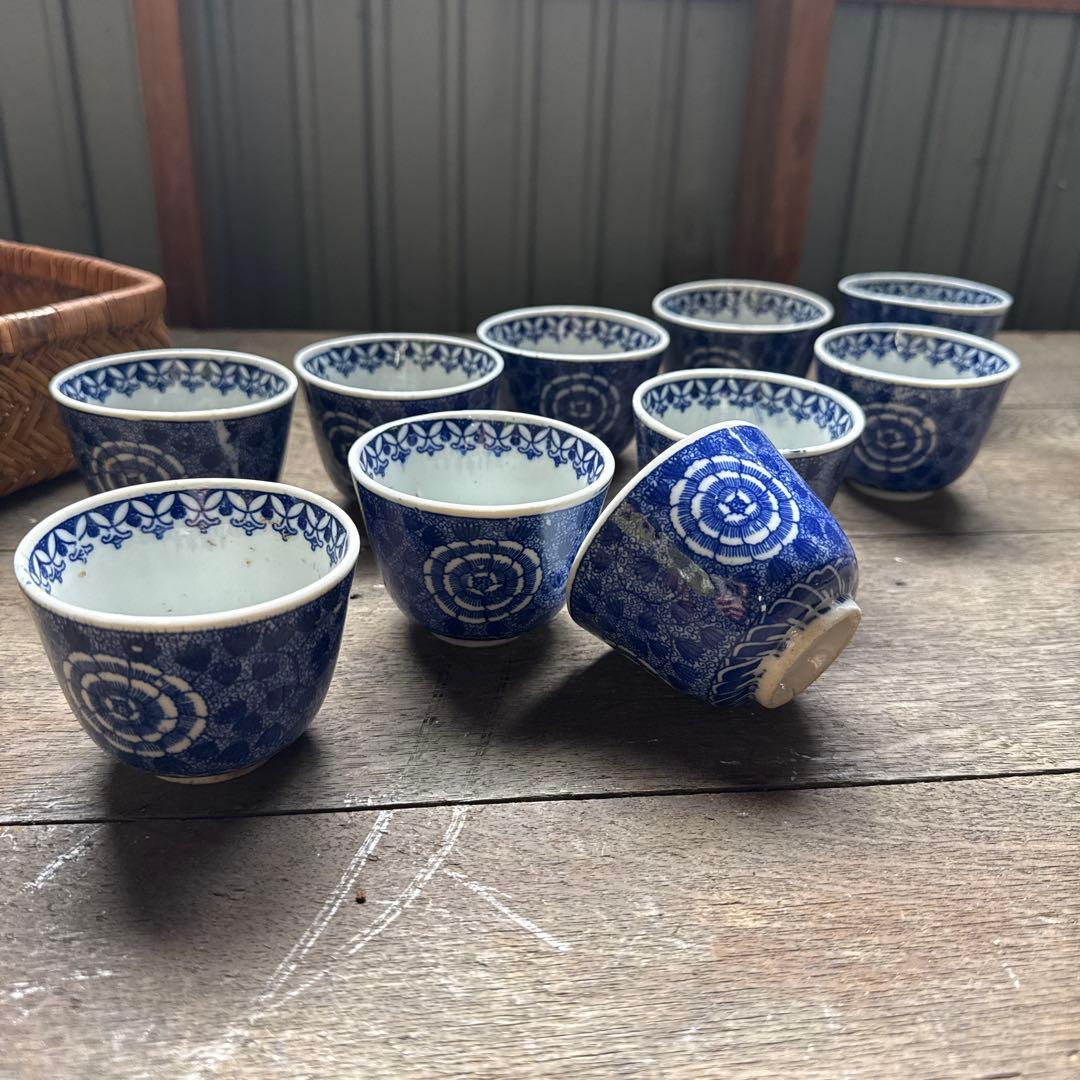 レトロ　伊万里 蕎麦猪口 揃い10個　印判手 染付　湯呑み　焼き物　ぐい呑
