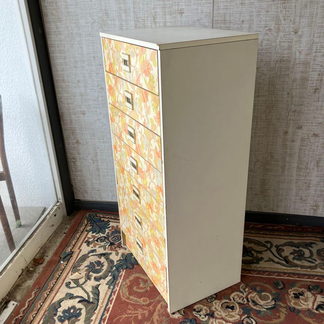 昭和レトロ 花柄 木製チェスト 7段タンス 古家具 ビンテージ ヴィンテージ 橙