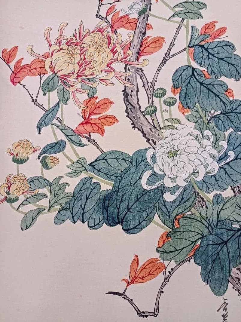 【瑠璃色のスズメと大菊の図】掛軸 開運 縁起物 絵 秋 五節句 重陽 インテリア