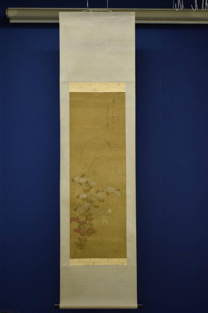 真作/狩野元仙/古画/菊画詞/布袋屋掛軸HF-239