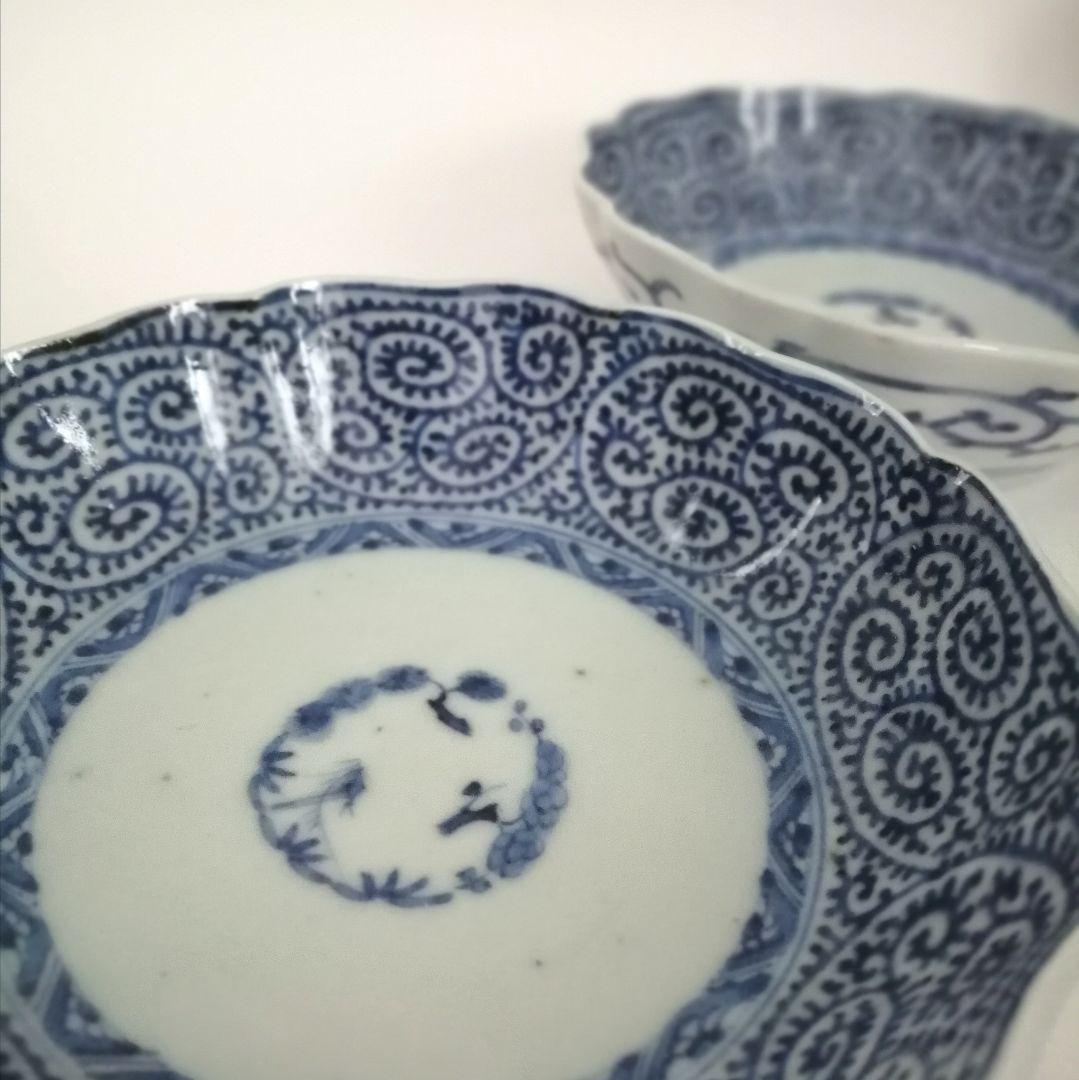 古伊万里　江戸中期　染付　蛸唐草　なます皿　２客