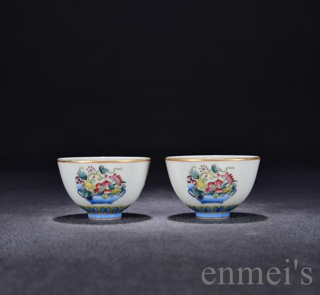 中国古美術・旧蔵・清乾隆粉彩多宝図杯セット・銘紋・唐物・茶碗・茶道具・古陶磁器
