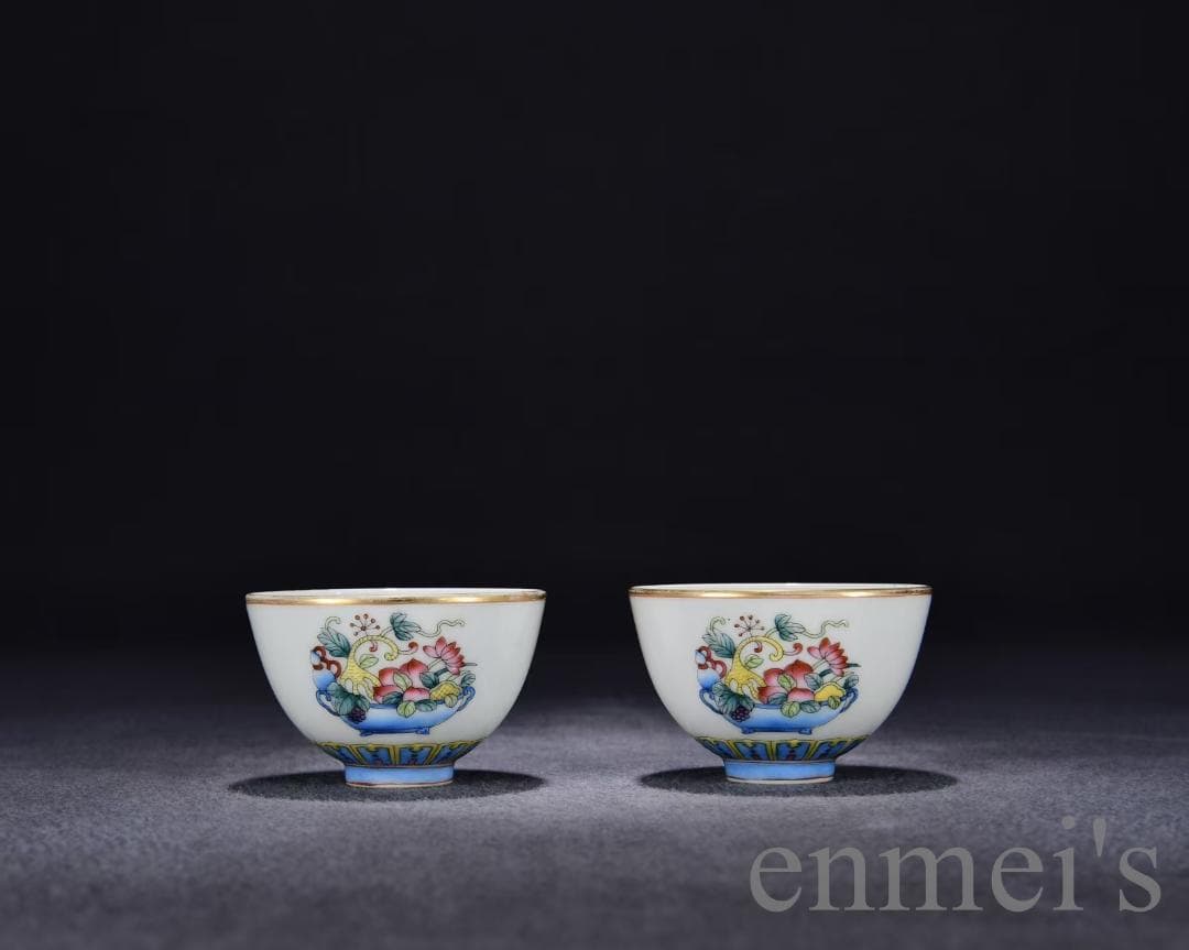 中国古美術・旧蔵・清乾隆粉彩多宝図杯セット・銘紋・唐物・茶碗・茶道具・古陶磁器