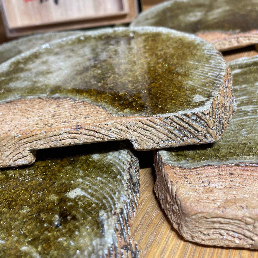 益子焼　坂田甚内　灰釉波状文皿五客　共箱