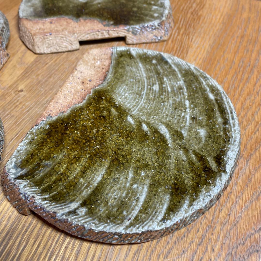 益子焼　坂田甚内　灰釉波状文皿五客　共箱