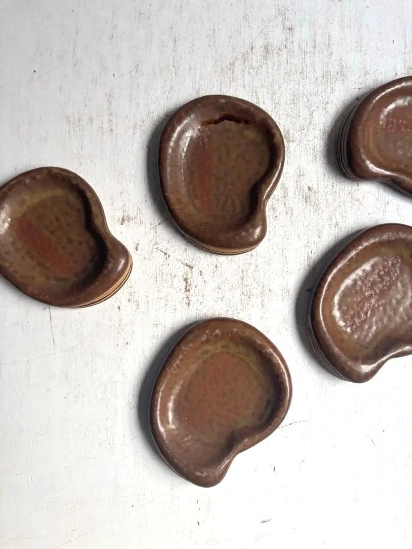 813 民芸 備前焼 作家作品 銘有 ヴィンテージ 豆皿 そら豆型小皿 5枚組