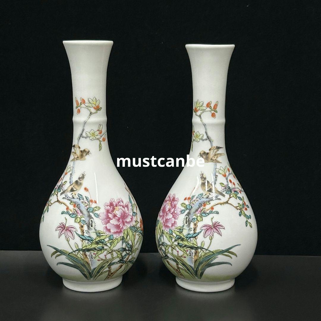 景徳鎮 花鳥紋玉壺春瓶 装飾品 現代工芸品美術品 置物