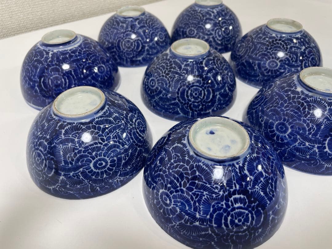 古伊万里 染付 花唐草模様 レトロ 明治 蓋付き 茶碗 8客 蓋9客