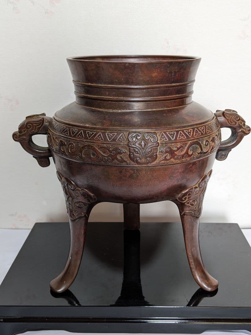 ♦銅器 神獣文 龍双耳 三足花器 初代 定塚義正 明治〜大正時代 花生 骨董品