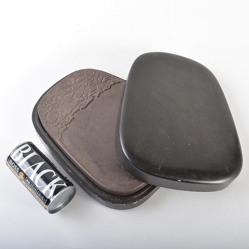 中国　書道具　神獣刻　端渓硯　唐木箱付　V　R7390