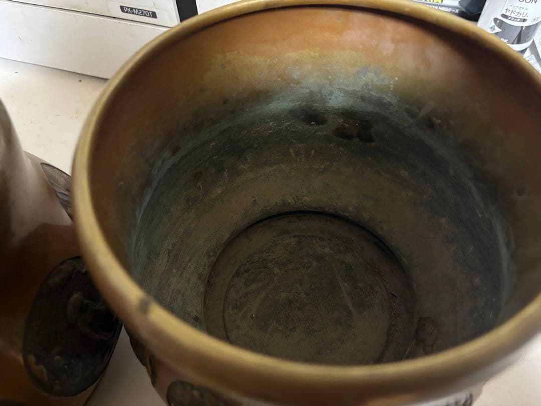 銅製 昌龍 獅子耳 火鉢一対