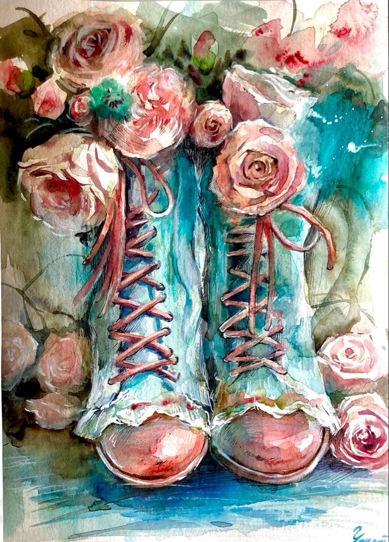 水彩画 原画 ブーツ
