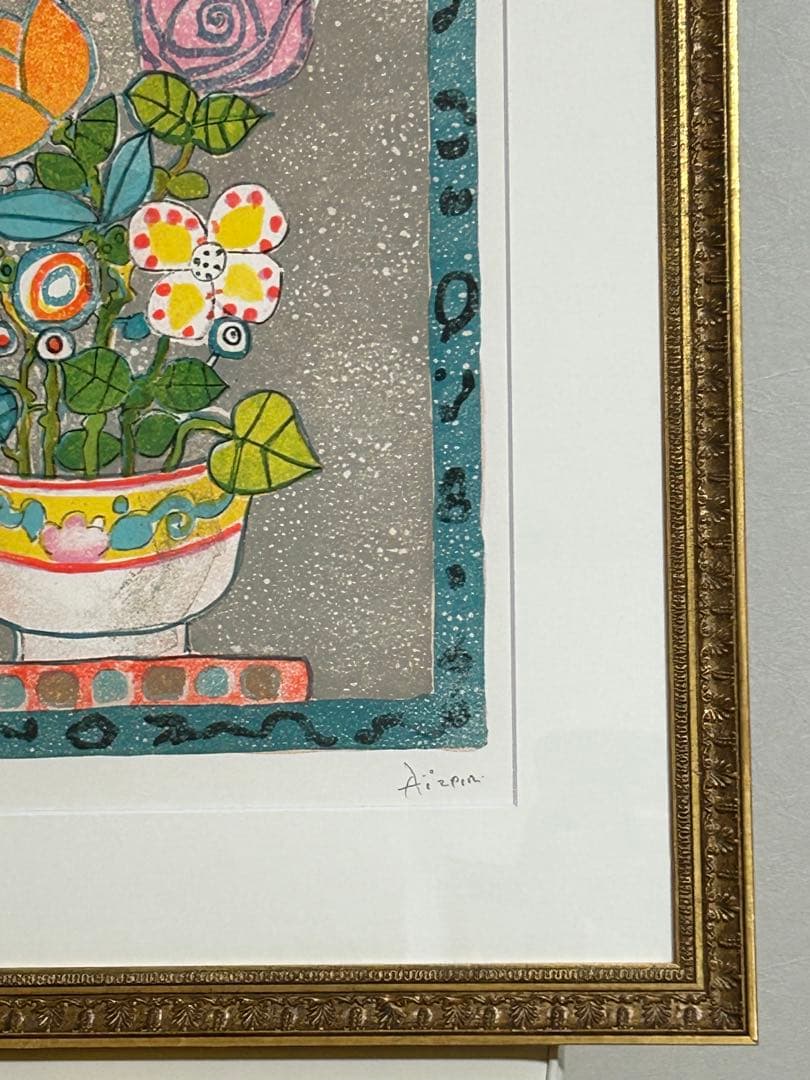 ポール アイズピリ　グレーの背景のピンクのバラ　リトグラフ