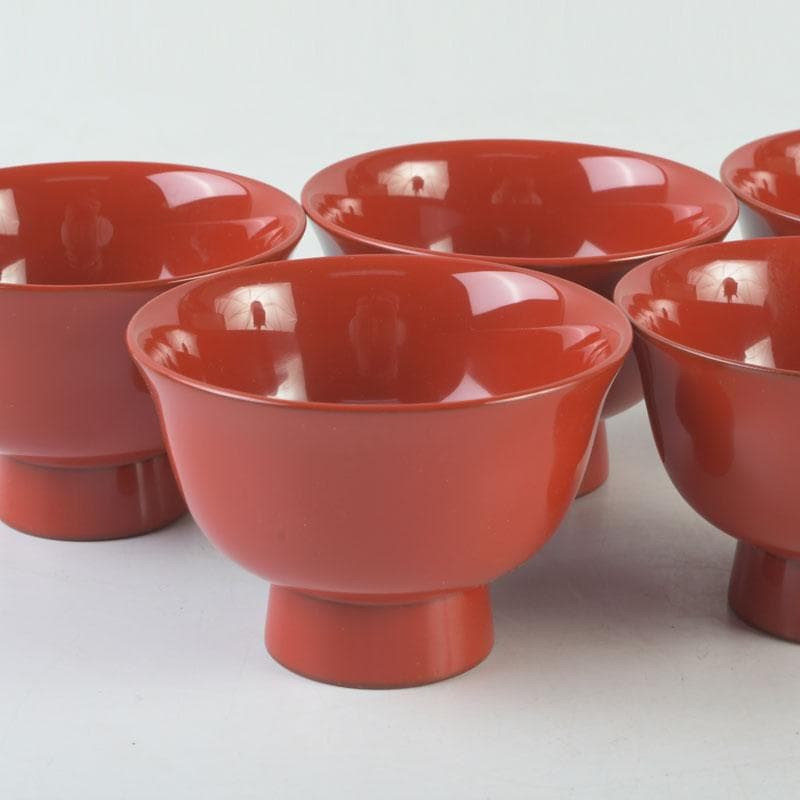 和食器　茶懐石　輪島塗　輪島屋本店謹製　朱塗魚蒔絵　盃　五客　共箱　V　9712