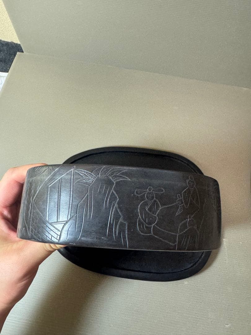 2911 中国古硯　人物文字彫刻　中国骨董　書道具