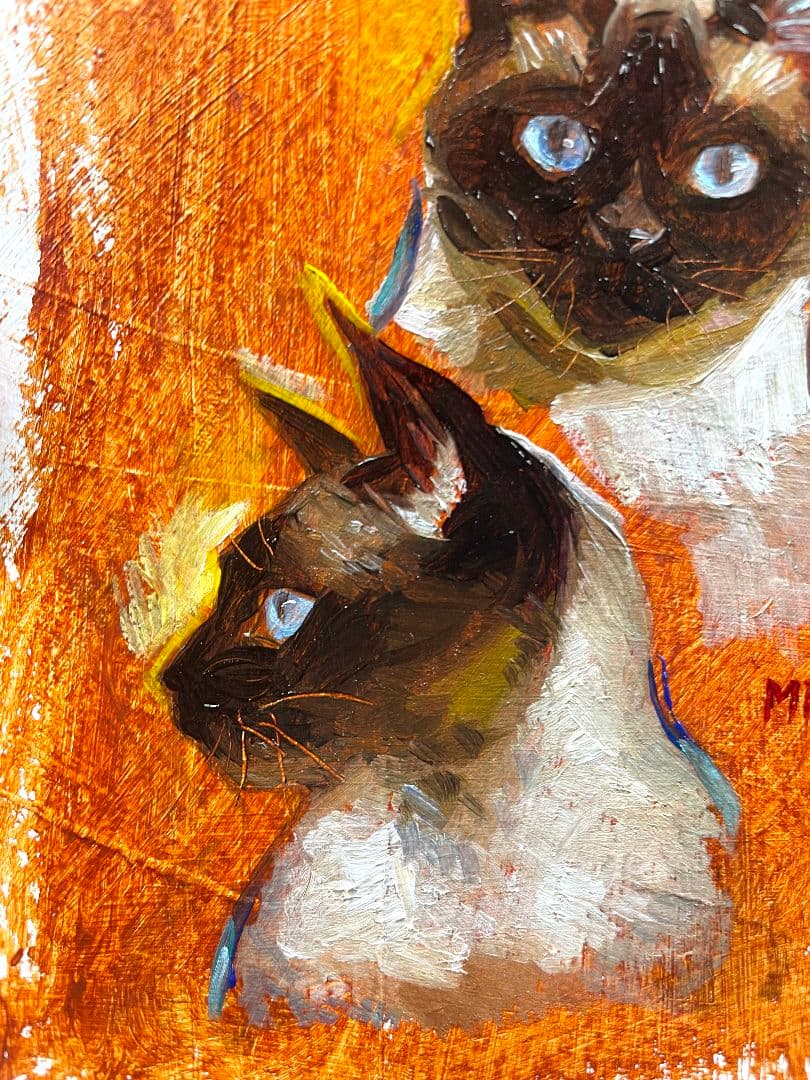 『青い目の兄弟』サイアミーズ　シャム猫　油絵　原画　絵画　一点物