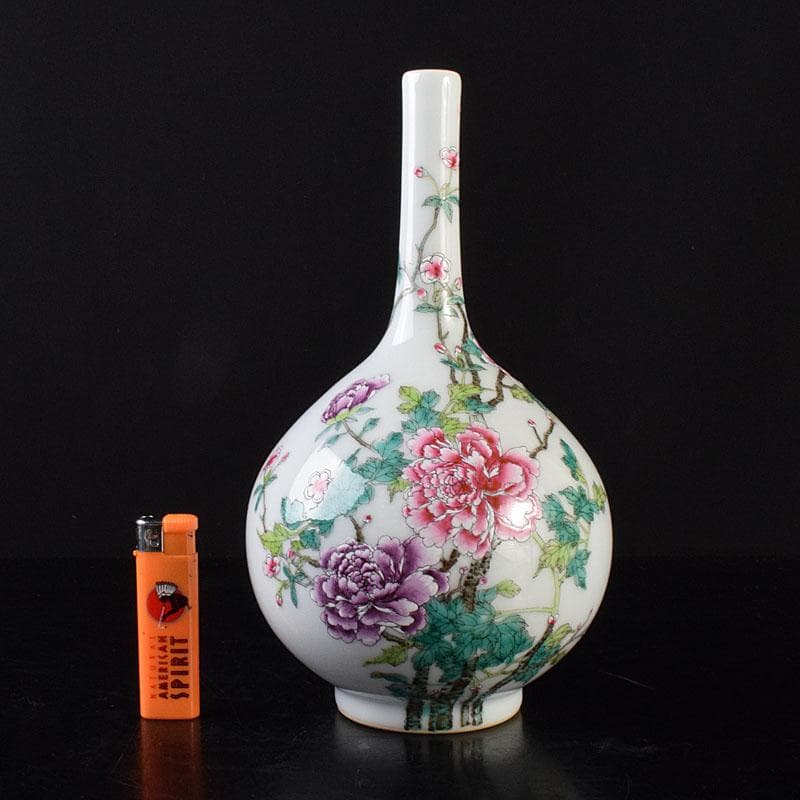 中国　大清乾隆年製　粉彩　牡丹文　長頸瓶　一輪挿　M　R7901E