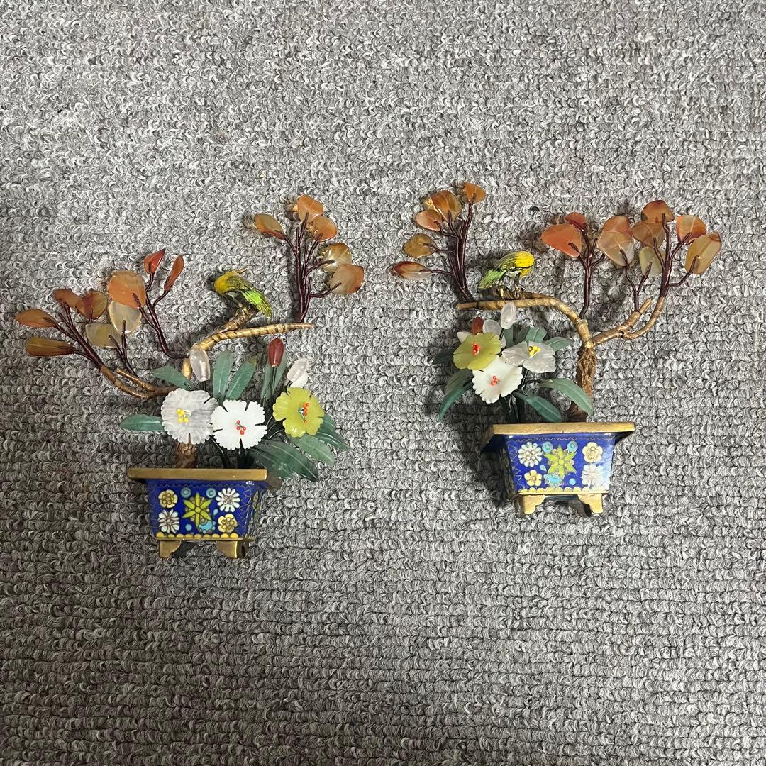 中国美術 古玩 七宝焼　玉石 瑪瑙 翡翠 彫刻 盆栽置物