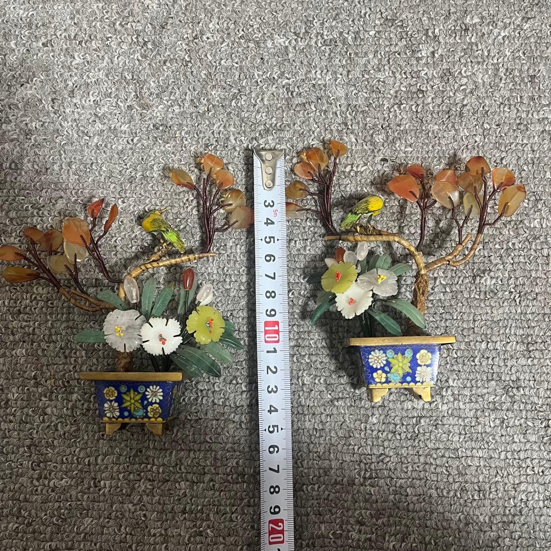 中国美術 古玩 七宝焼　玉石 瑪瑙 翡翠 彫刻 盆栽置物