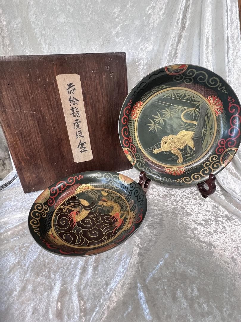 金蒔絵龍虎紋入れ子盆　一対　共箱　幕末～明治期