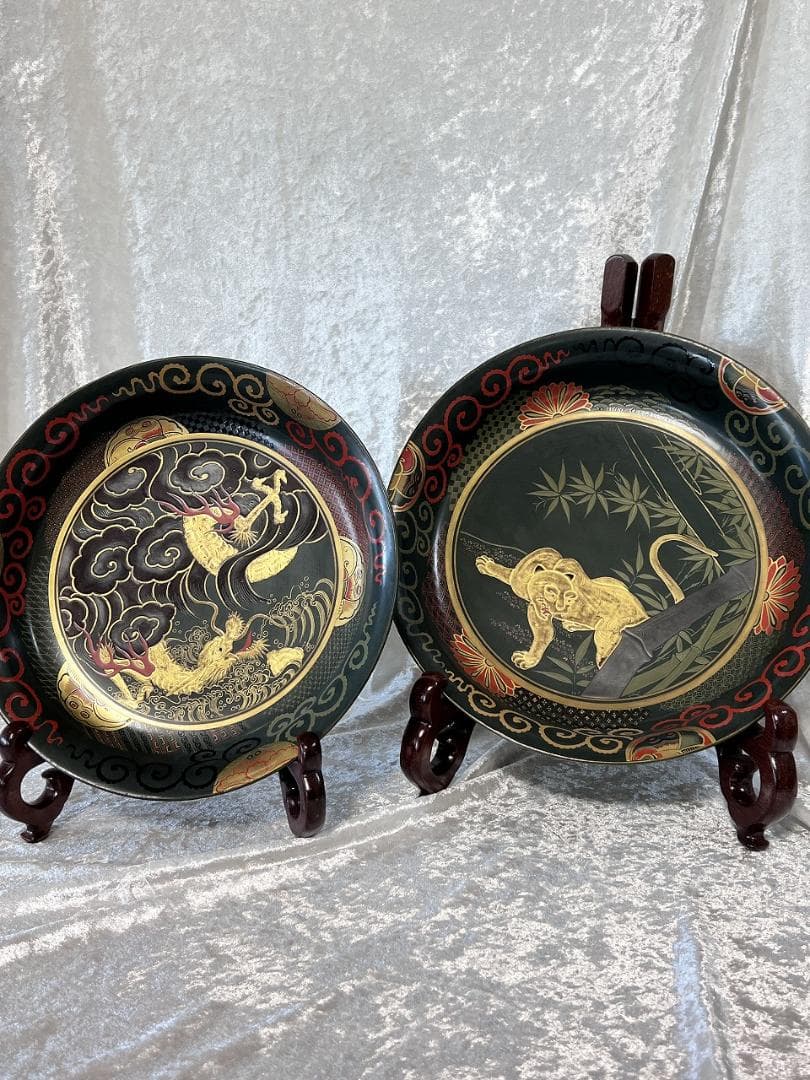 金蒔絵龍虎紋入れ子盆　一対　共箱　幕末～明治期