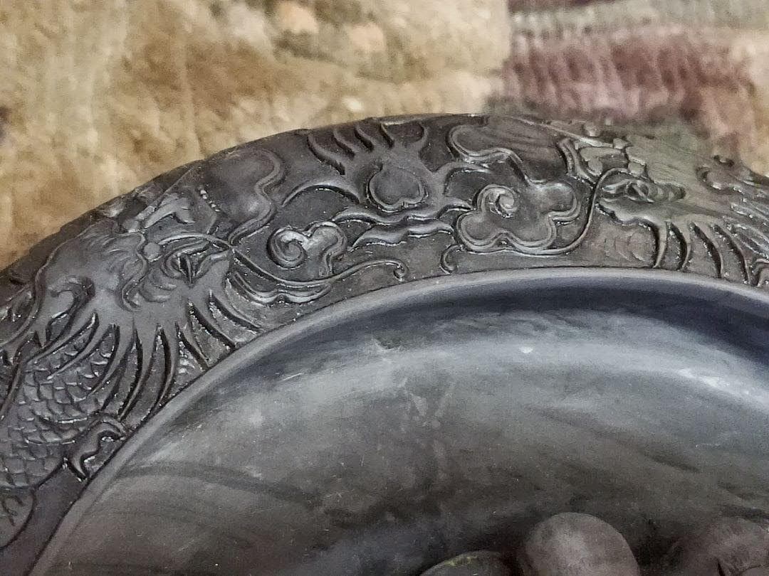 ♥大型　中国製　歙州　蝙蝠文双龍硯　硯　骨董品　端渓硯