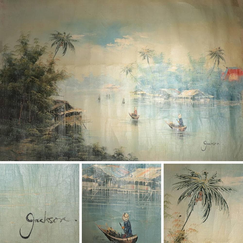 【絵】　★ 油画 東南アジア河岸風景図 ★　作家物　純手描き 真作保証　西洋書画