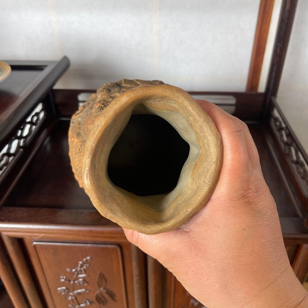 陶器製山水風景彫刻花瓶