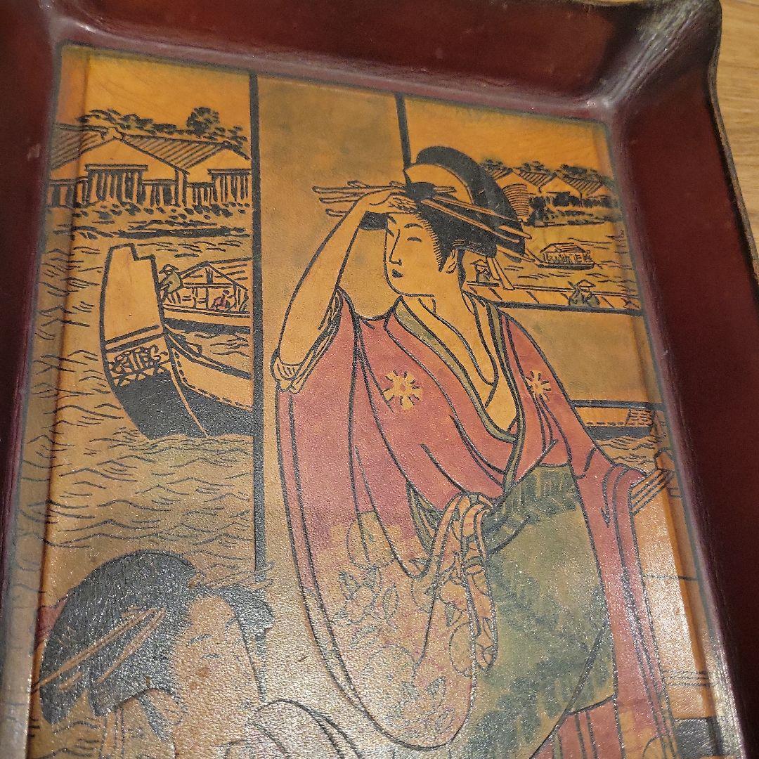 浮世絵風木製トレー 革 和風 アンティーク ヴィンテージ レア トレイ