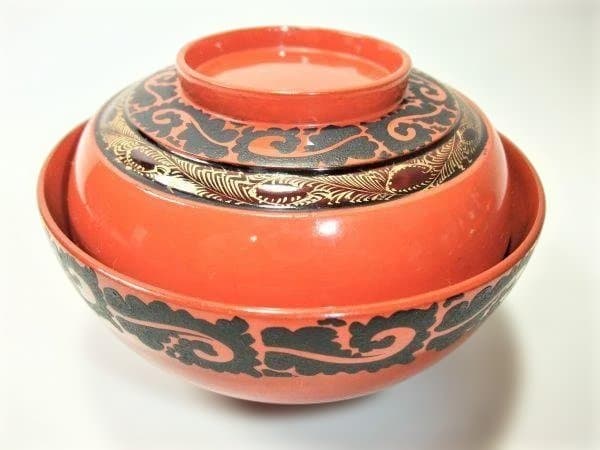 洗朱 吸物椀 10客 昭和18年 漆器 椀 10個セット オレンジと黒の装飾