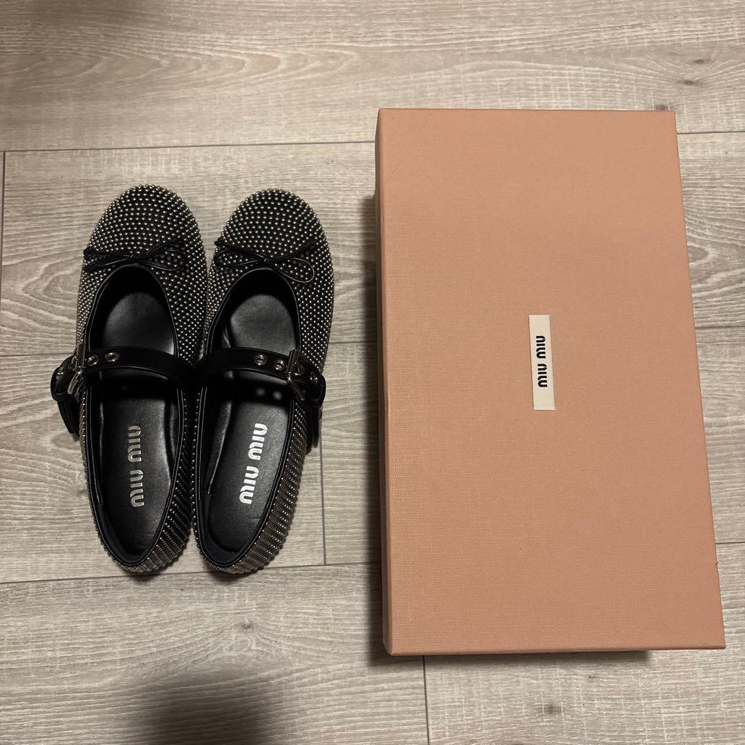 miu miu ミュウミュウ リボン スタッズ　バレリーナ　パンプス