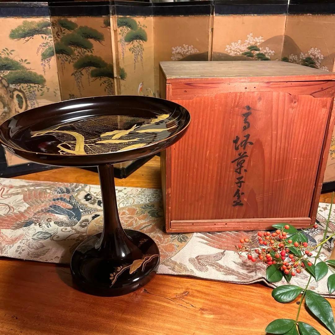 A1036 木製輪島塗　柳に鮎　金縁　蒔絵　高月　高杯　　1基（供箱付）