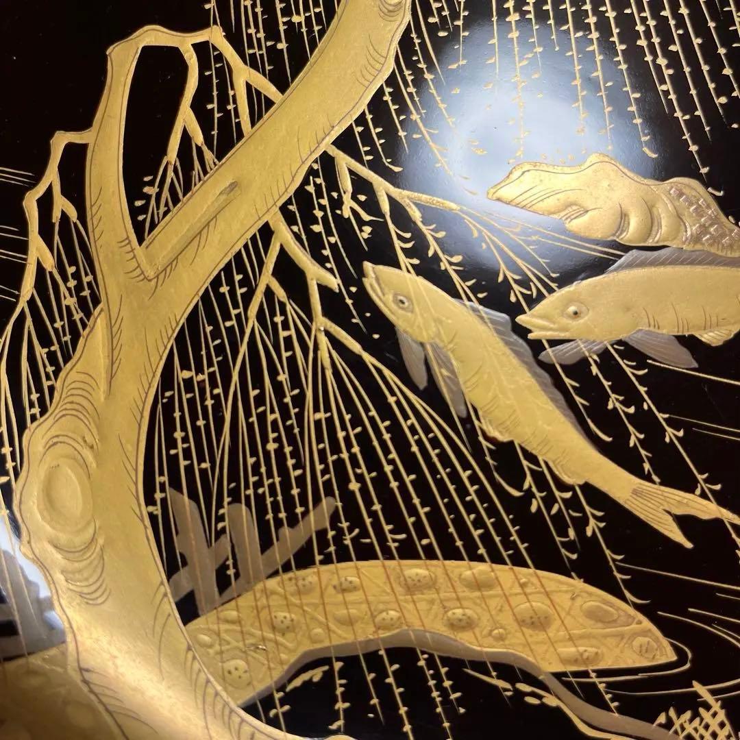 A1036 木製輪島塗　柳に鮎　金縁　蒔絵　高月　高杯　　1基（供箱付）