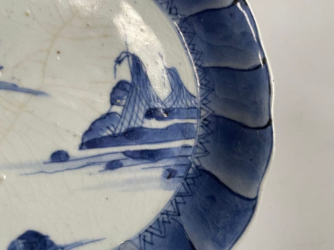 骨董　アンティーク　藍九谷　網干　船文様　輪花皿　小皿　五寸皿　誉印　古伊万里