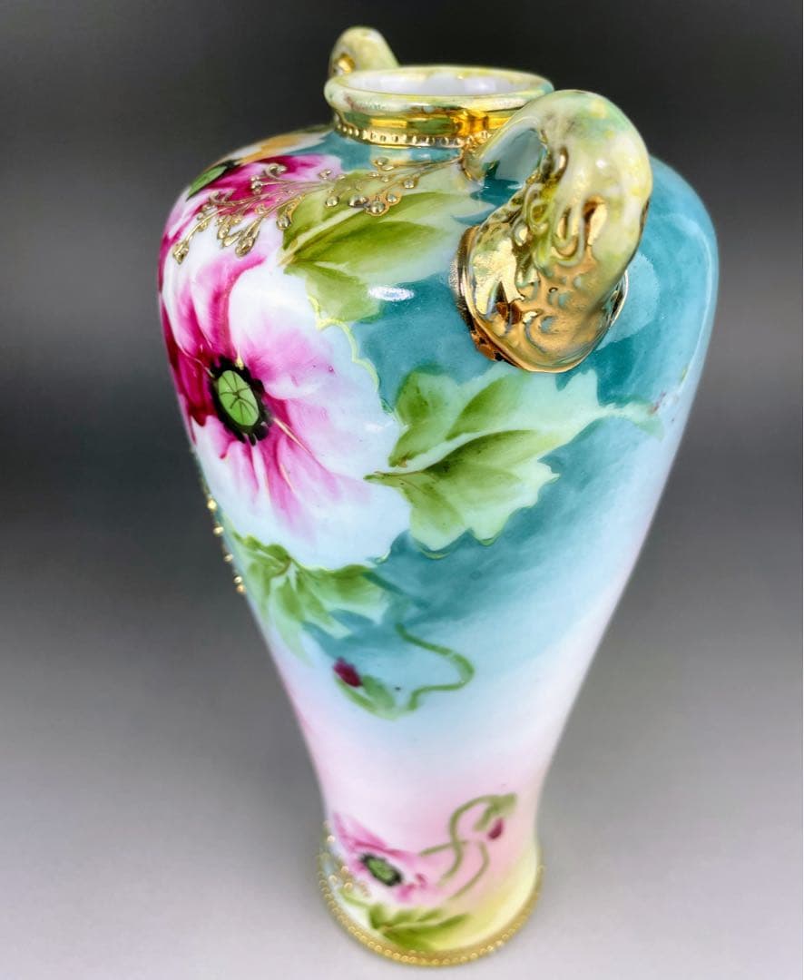 オールドノリタケ 約２３cm アールヌーボー ポピー花紋花瓶 金盛り 盛上げ