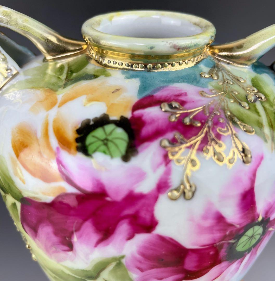 オールドノリタケ 約２３cm アールヌーボー ポピー花紋花瓶 金盛り 盛上げ