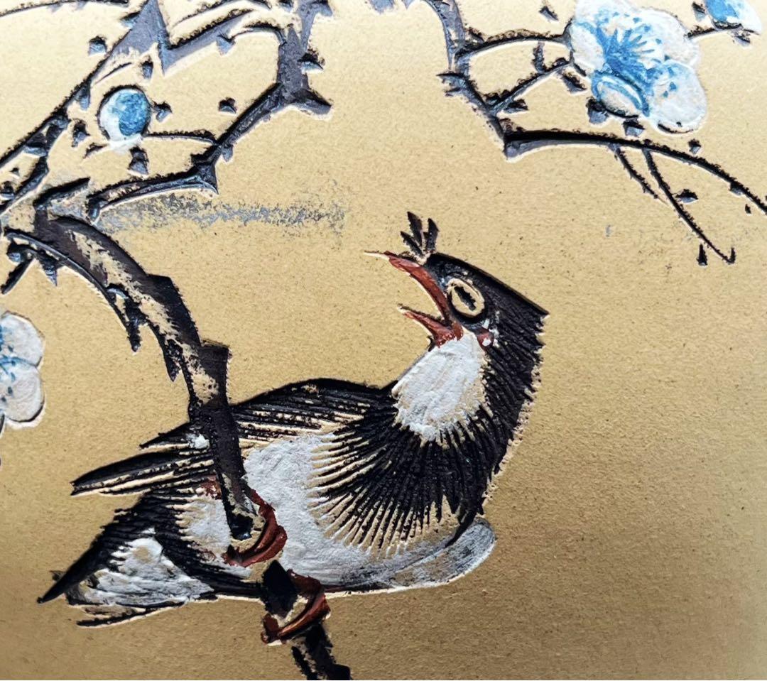 中国美術 中国古玩 中国宜興紫砂 花鳥紋樣花瓶2点