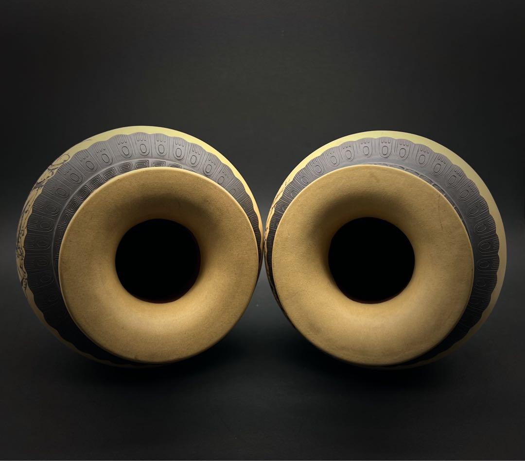 中国美術 中国古玩 中国宜興紫砂 花鳥紋樣花瓶2点