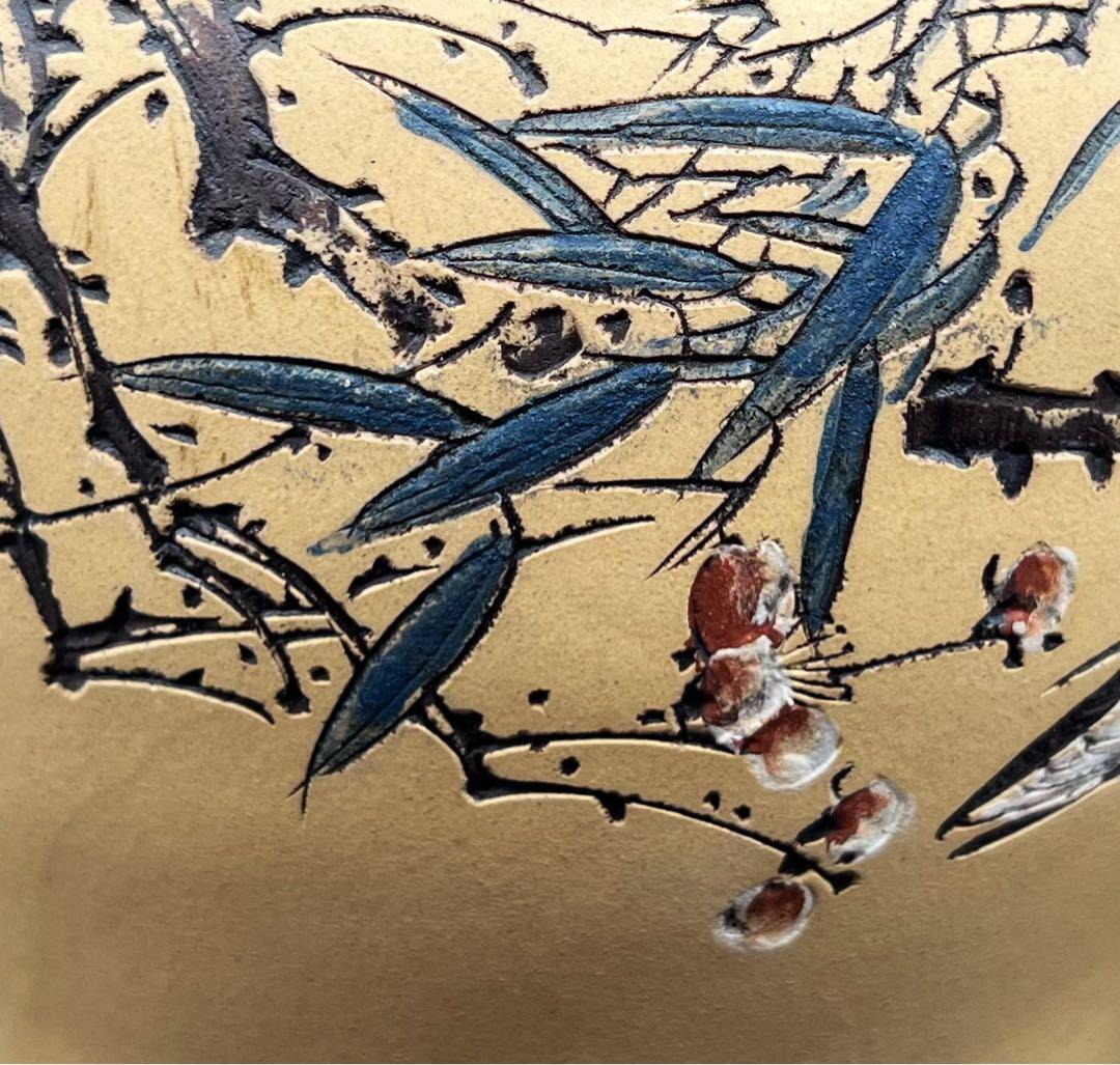 中国美術 中国古玩 中国宜興紫砂 花鳥紋樣花瓶2点