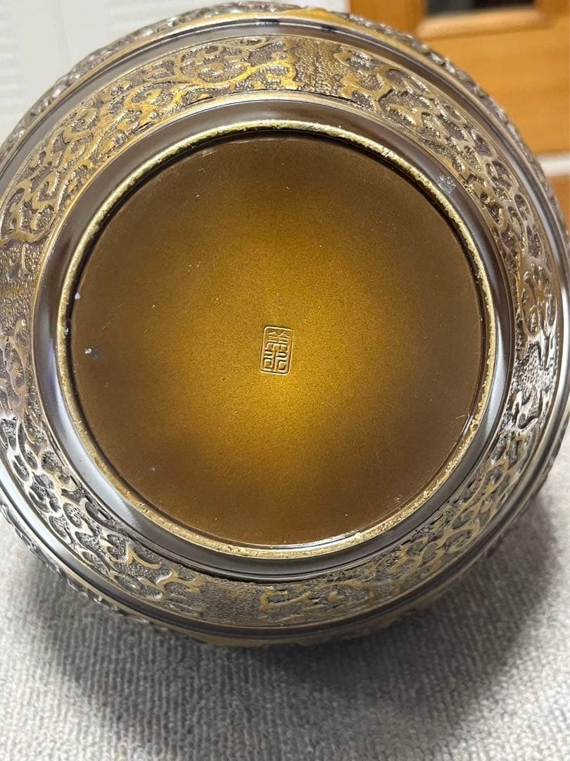時代物 高岡銅器 古銅製四方窓絵花鳥紋龍舌耳付蝋型鋳造花瓶 作家在銘品 古銅器