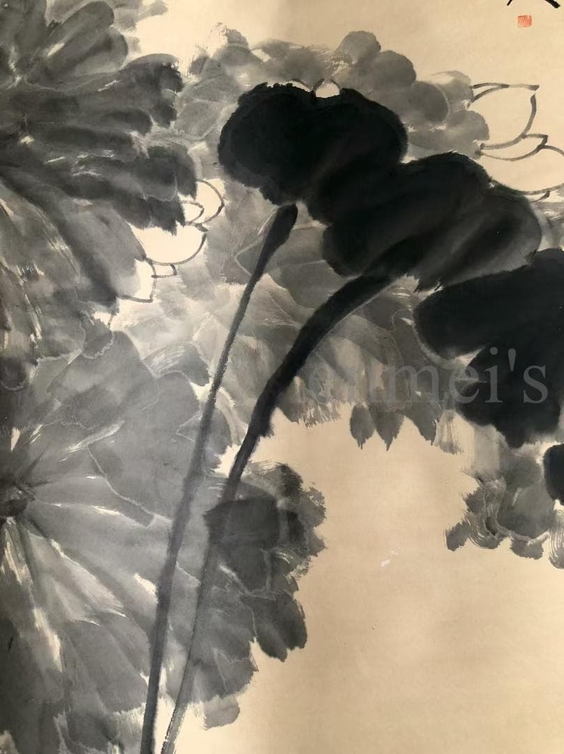 中国古美術・四尺蓮花掛軸・水墨画・八大山人印款・書道品・茶道・賞物・珍品画・肉筆