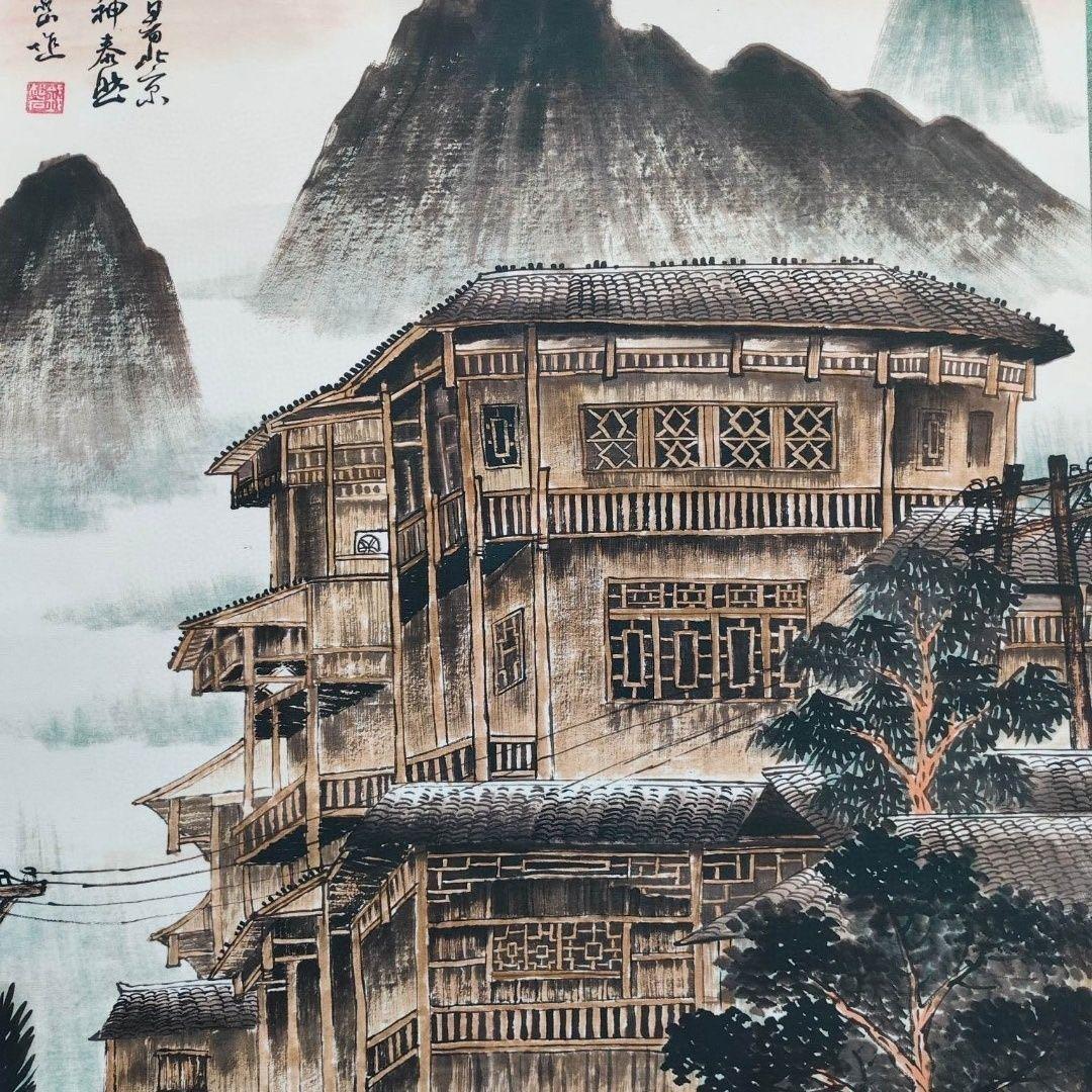 中国画 钱松岩 山水図 中堂 掛け軸／高清防偽仕