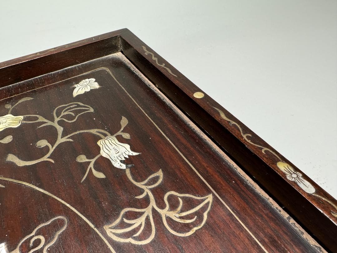 中国美術　清時代 花梨木　螺鈿嵌　双龍文　茶盤　引き出し付　書斎道具　李朝螺鈿