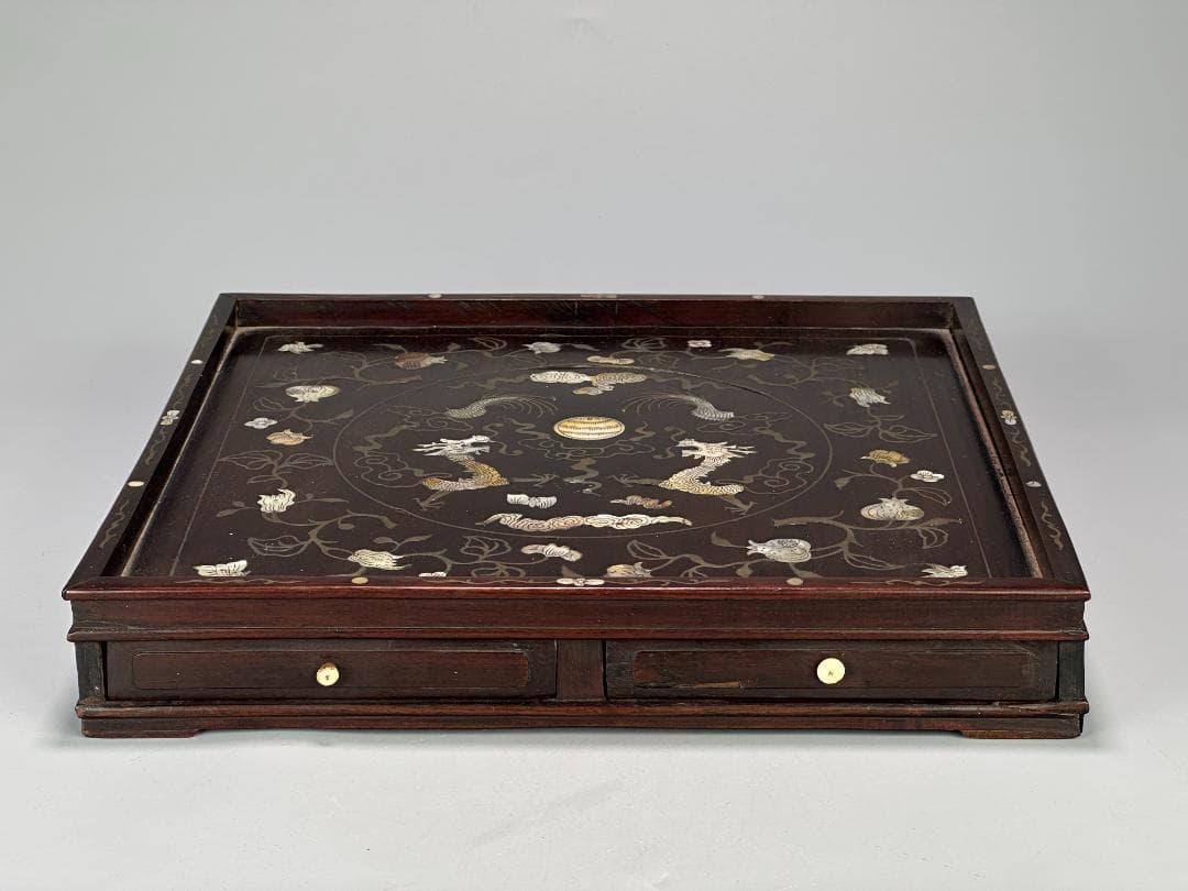 中国美術　清時代 花梨木　螺鈿嵌　双龍文　茶盤　引き出し付　書斎道具　李朝螺鈿