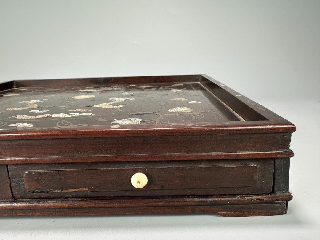 中国美術　清時代 花梨木　螺鈿嵌　双龍文　茶盤　引き出し付　書斎道具　李朝螺鈿