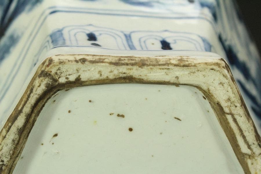 中国美術 青花 古染付 楼閣山水紋 六方 瓶 高25.5cm(RC991)