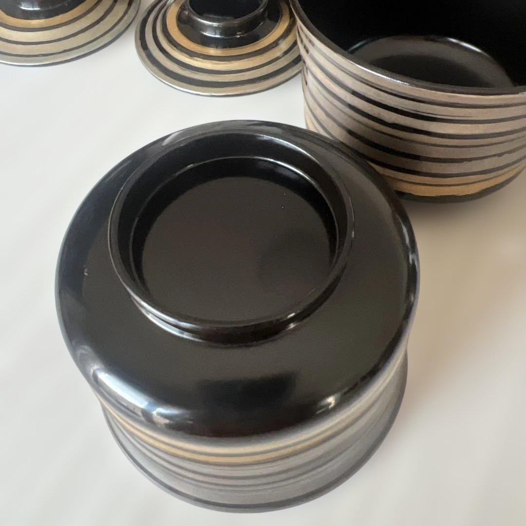 黒と金のストライプの漆器椀セット　6客　稲忠漆器店