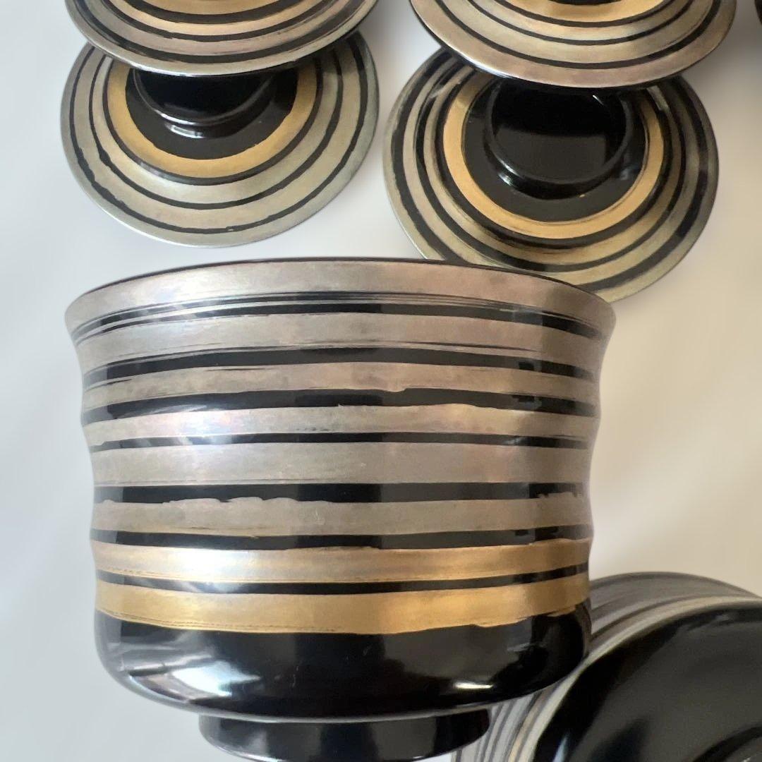 黒と金のストライプの漆器椀セット　6客　稲忠漆器店