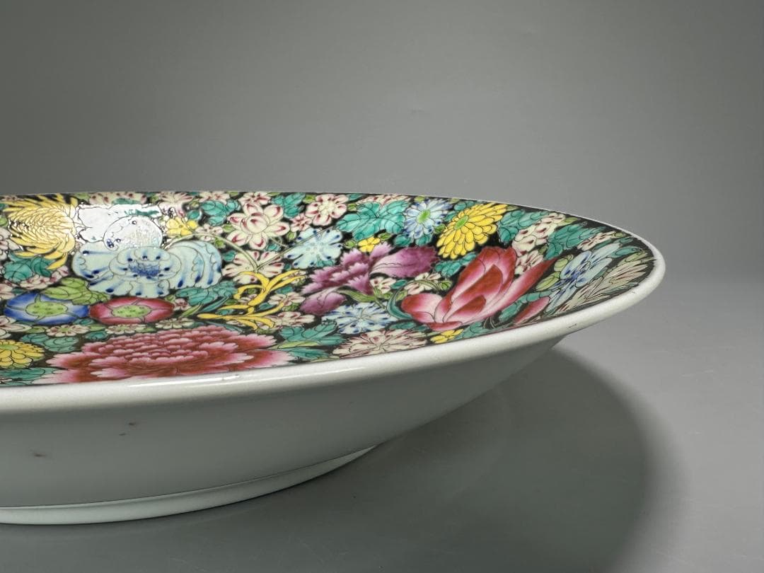 中国美術　景徳鎮製　粉彩百花不落地大盤　粉彩皿　時代　唐物